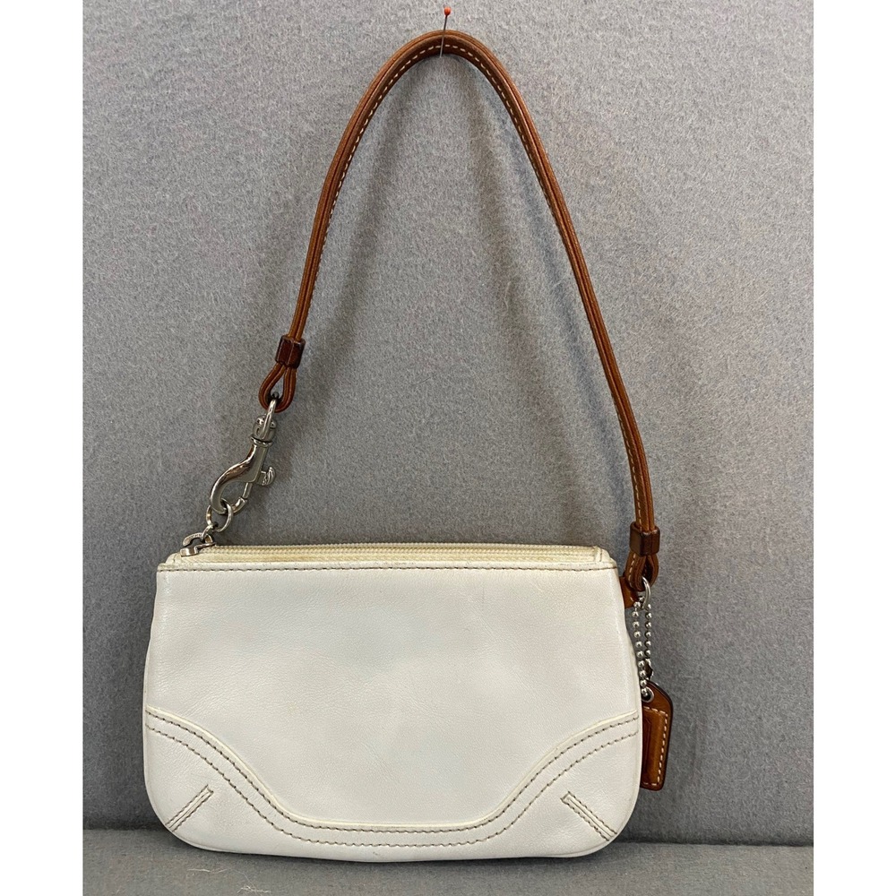 Coach White Leather Wristlet Pouch Brown Trim Silver Hardware Small Classic bag